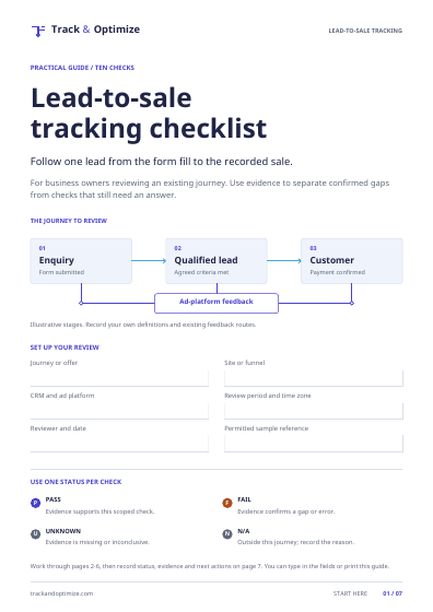 Cover of the Track & Optimize Lead-to-Sale Tracking Checklist, showing the lead journey and review worksheet